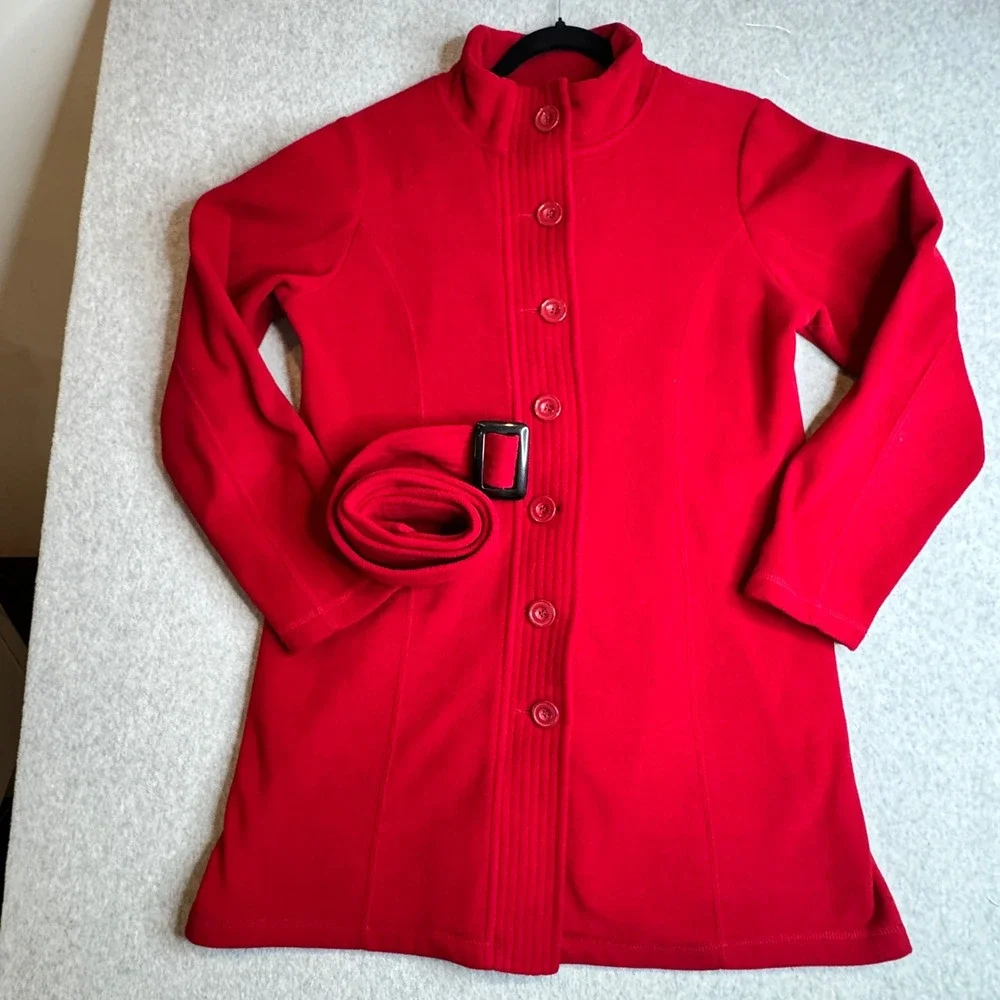 Carole Little Women's Red‎ Fleece Button Front Jacket Coat Collared